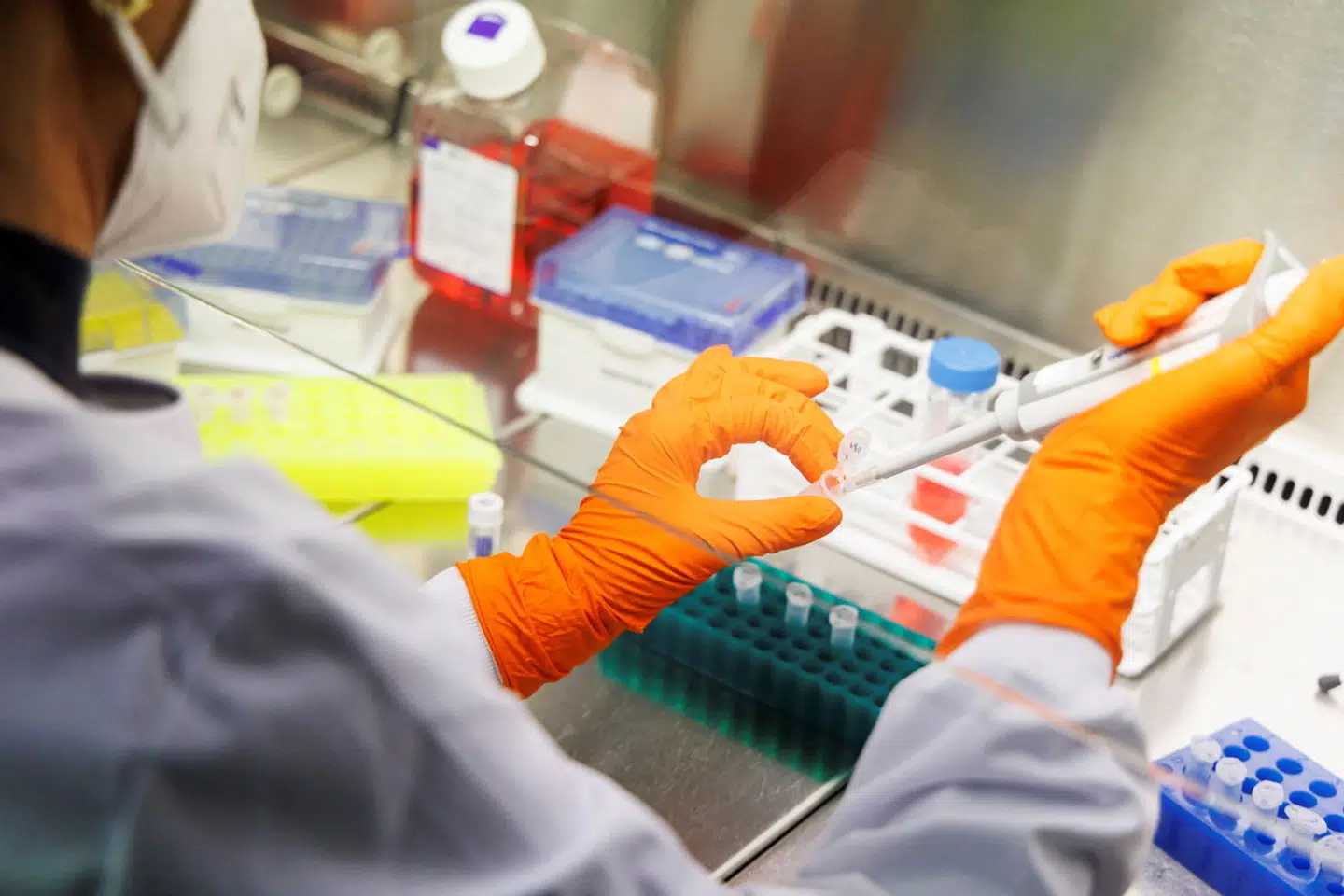 An employee of the vaccine company Bavarian Nordic works in a laboratory of the company in Martinsried near Munich, Germany, May 24, 2022. The company, headquartered in Denmark, is the only one in the world to have approval for a smallpox vaccine called Jynneos in the U.S. and Imvanex in Europe, which is also effective against monkeypox. REUTERS/Lukas Barth