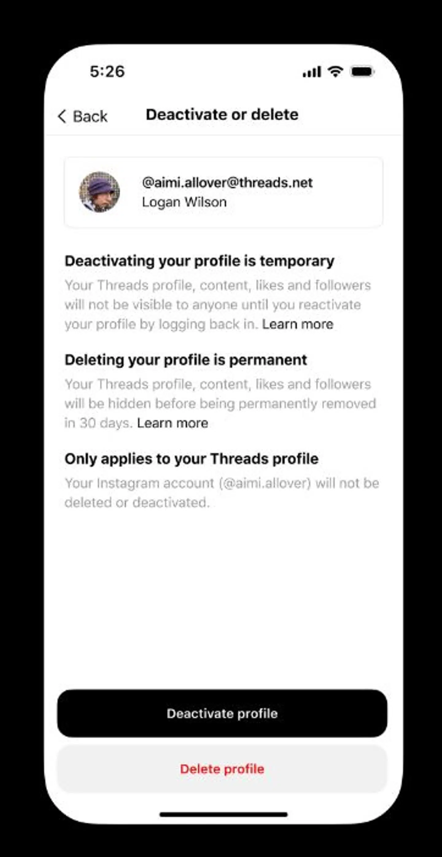 Under indstillingerne i Threads kan man nu ikke alene deaktivere, men også helt slette sin Threads-konto.