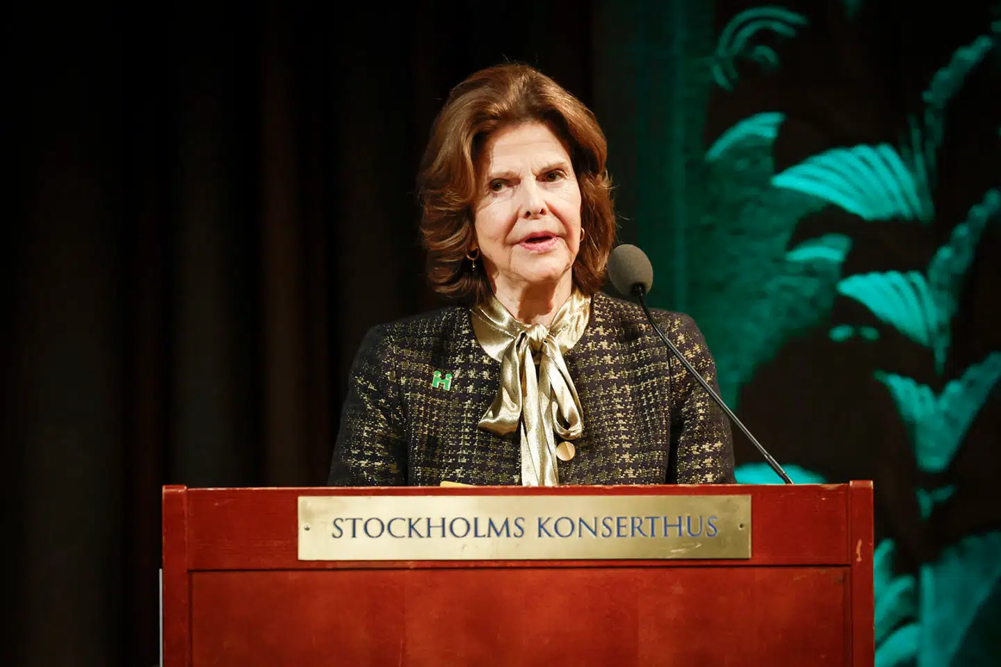 Dronning Silvia ville ikke svare på anklagerne om, at hun og familien skulle have hjulpet deres slægtning med at undgå politiet, så han slap for en retssag. Her ses hun holde tale på en hyldestaften for organisationen Mentors i Koncerthuset i Stockholm.