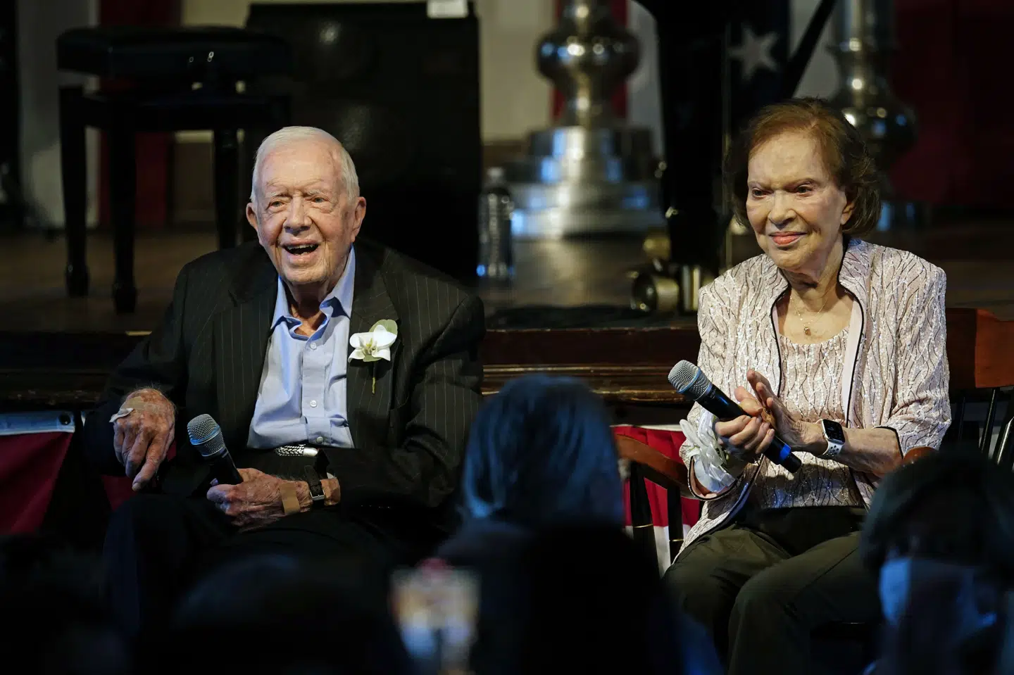 Tidligere præsident Jimmy Carter og hans hustru, tidligere førstedame Rosalynn Carter, under en reception i forbindelse med deres 75-års bryllupsdag i juli 2021.