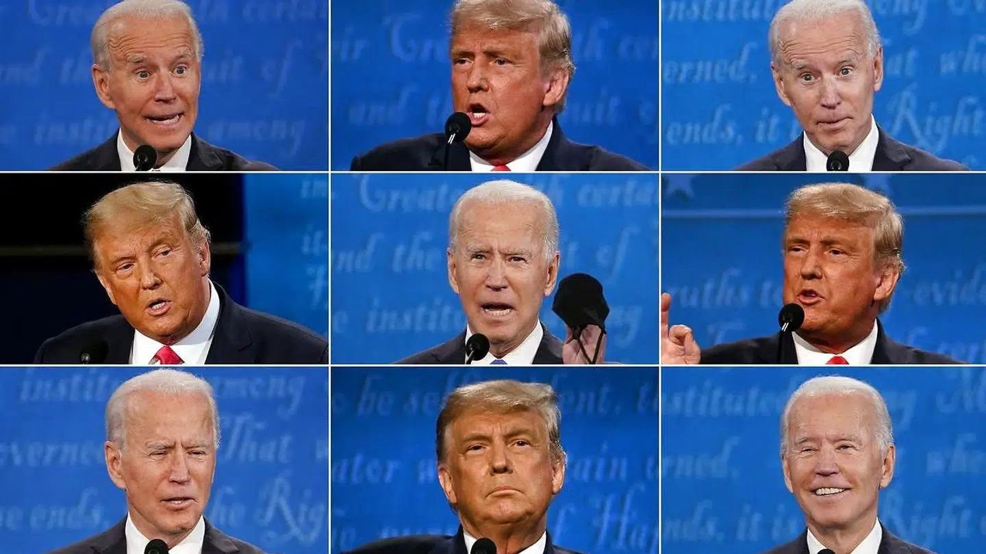 Her ses præsident Donald Trump og Demokraternes præsidentkandidat Joe Biden på forskellige tidspunkter i forbindelse med en tv-debat.