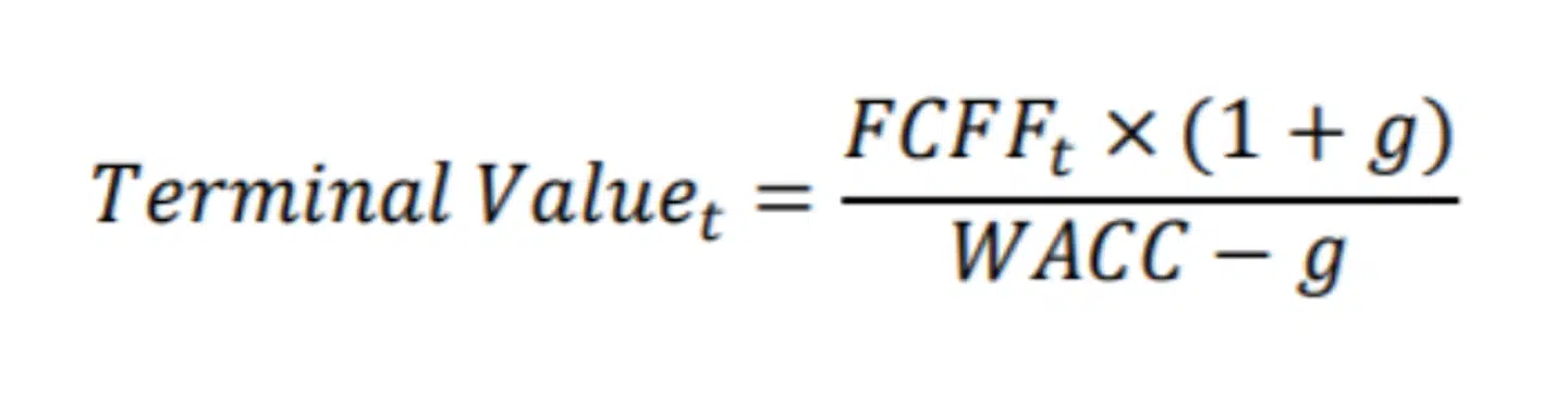 Formel til beregning af terminalperiode, hvor 'g' er vækst, og´FCFF´ og WACC er hhv. ´Free Cash Flow to the Firm, pengestrøm til firma, og 'Weighted Average Cost of Capital', vægtede gennemsnitlige kapitalomkostninger.