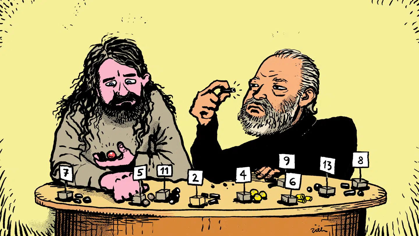 Søren og Søren smager på lakrids. Illustration: Christoffer Zieler.