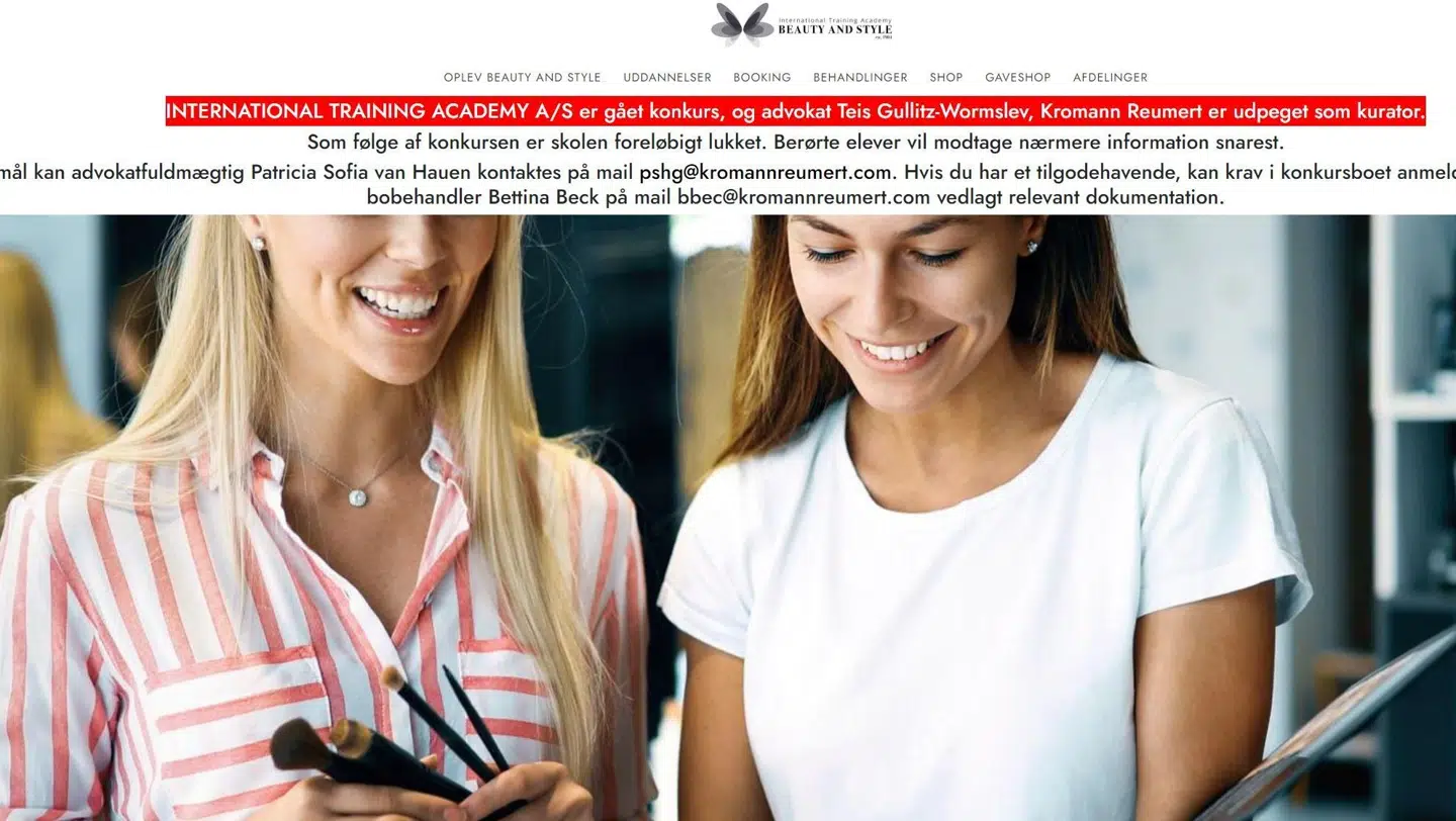 På Beauty and Styles hjemmeside orienteres nu om konkursen i International Training Academy A/S. Eleverne har dog ikke fået den lovede information.