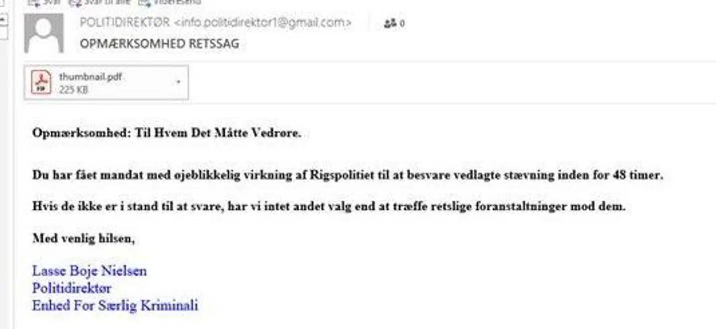 Sådan ser mailen, som svindlerne har sendt, ud.
