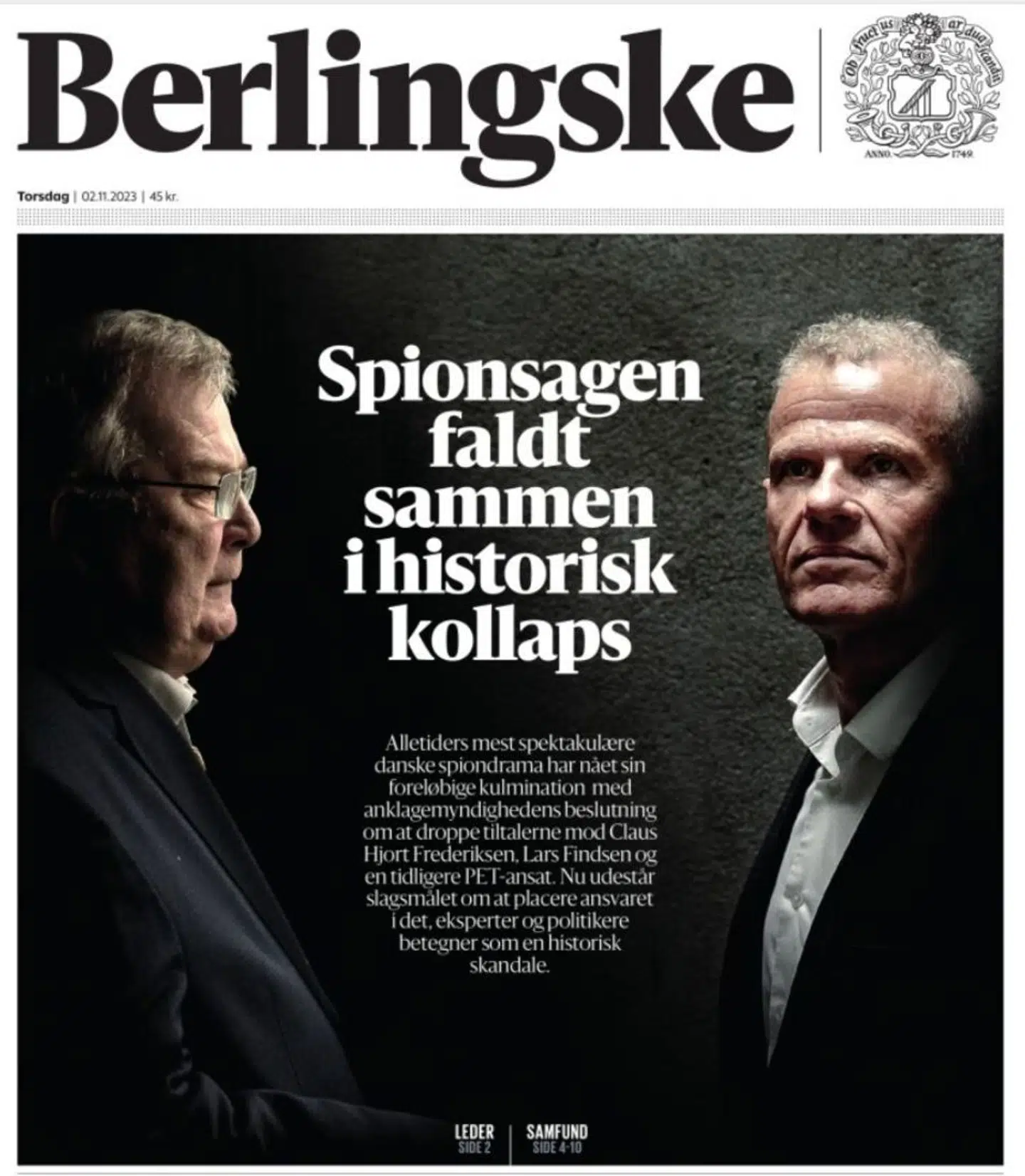 Berlingskes printforside 2. november 2023.