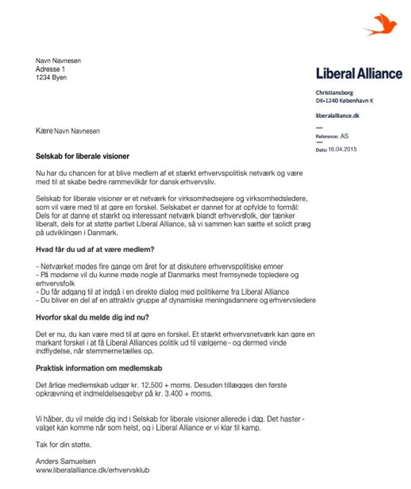 En kopi af det brev, som Liberal Alliance har sendt ud til muligt interesserede erhvervsledere.