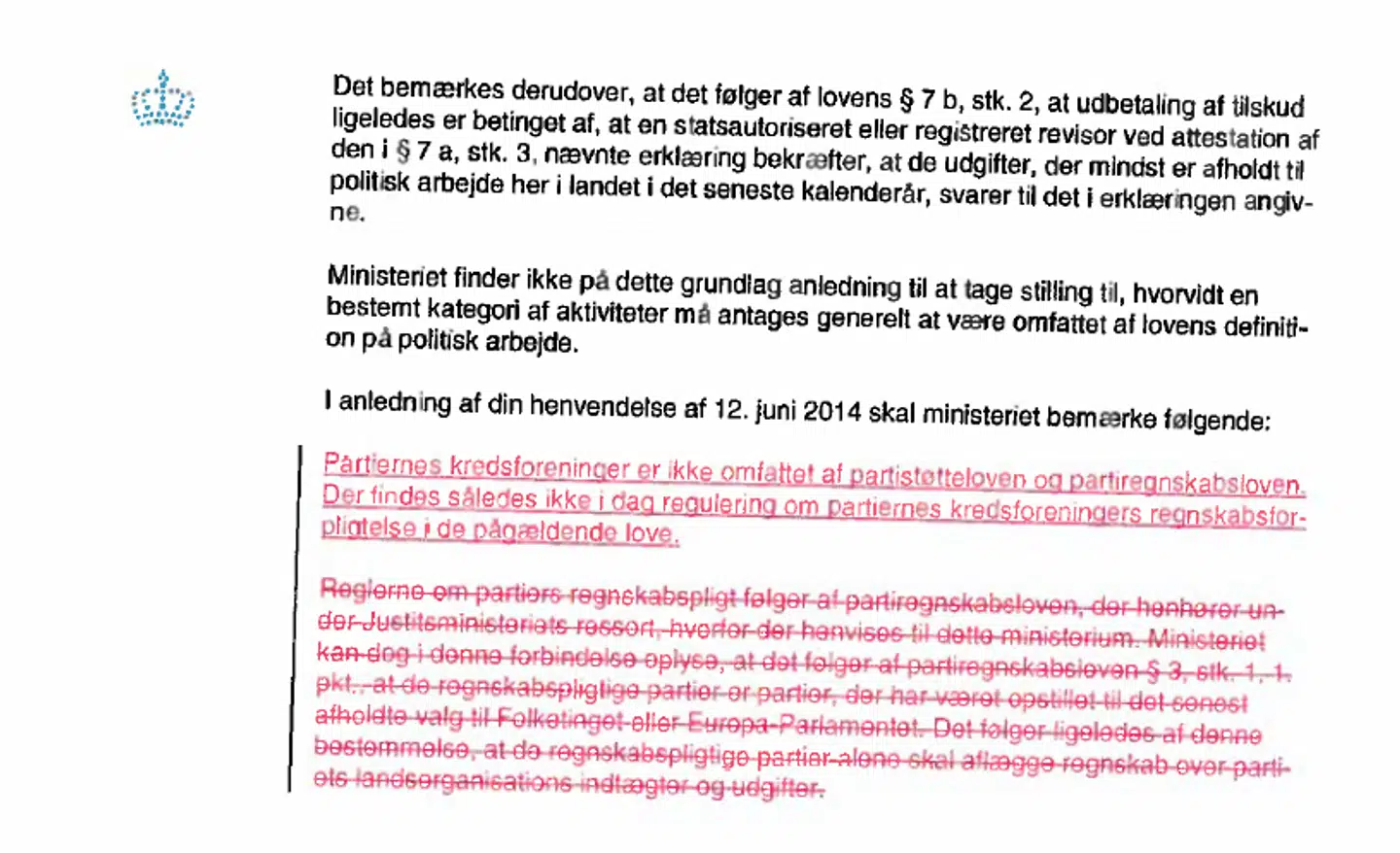 Her overstreger Justitsministeriet det faktuelt korrekte svarudkast fra Økonomi- og Indenrigsministeriet ifølge aktindsigt udleveret til Berlingske.