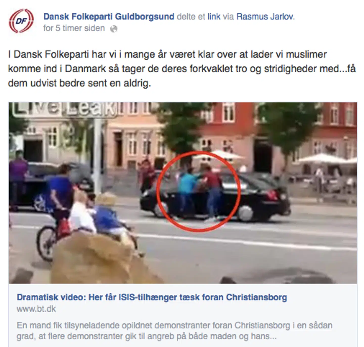 Facebook-opslaget fra DF's lokalafdeling i Guldborgsund, august 2014.