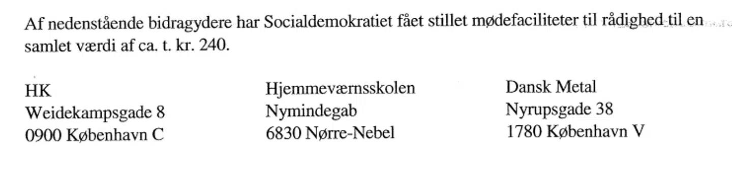 Også indirekte støtte skal oplyses, hvis værdien overstiger 20.000. Eksempel fra Socialdemokraternes partiregnskab for 2011.