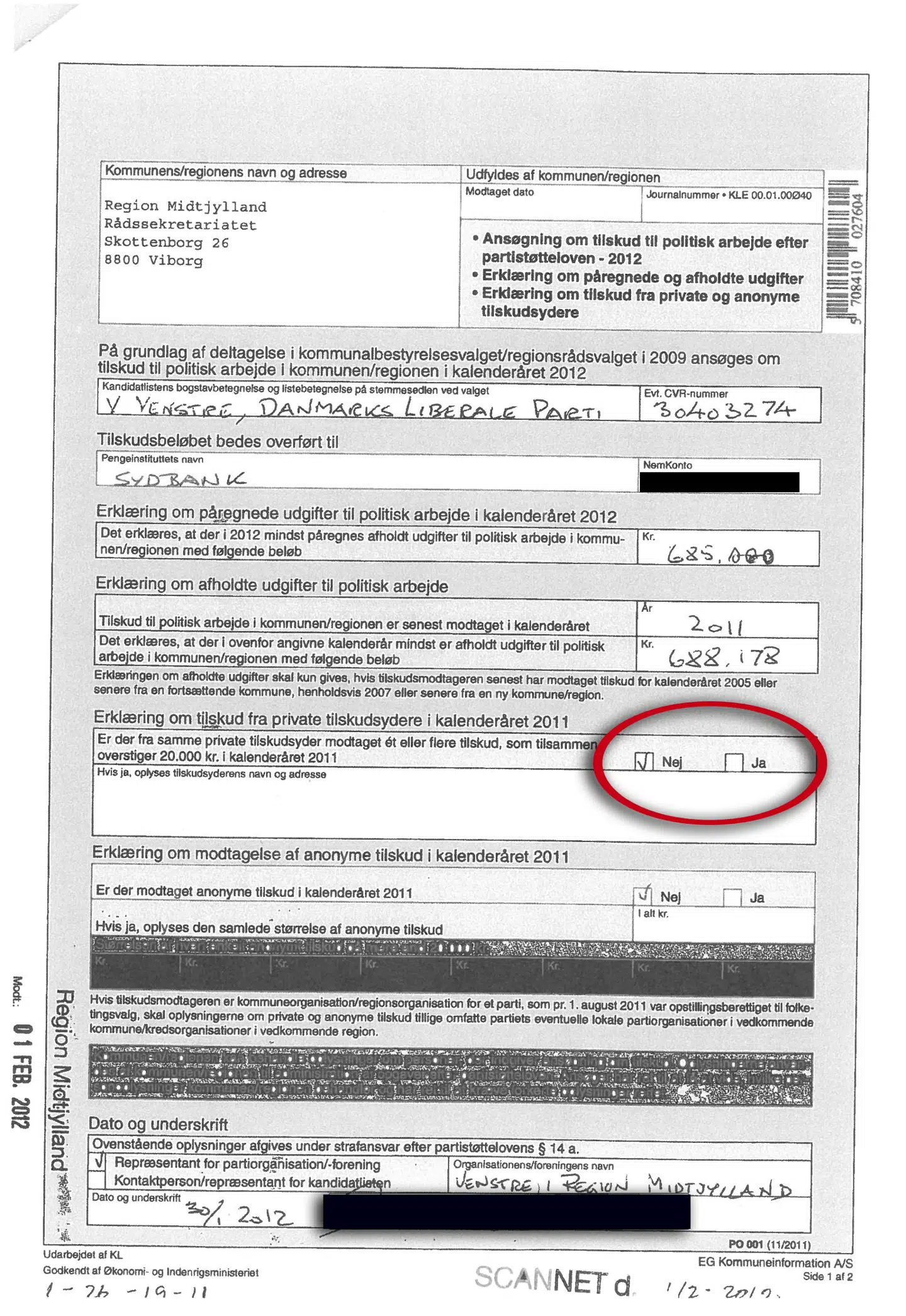 Aktindsigt viser, at Venstre i Region Midtjylland ikke oplyste omkring 200.000 kr. i partistøtte til Venstre-manden Kristian Pihl Lorentzen korrekt. I stedet blev der sat flueben i »nej«.