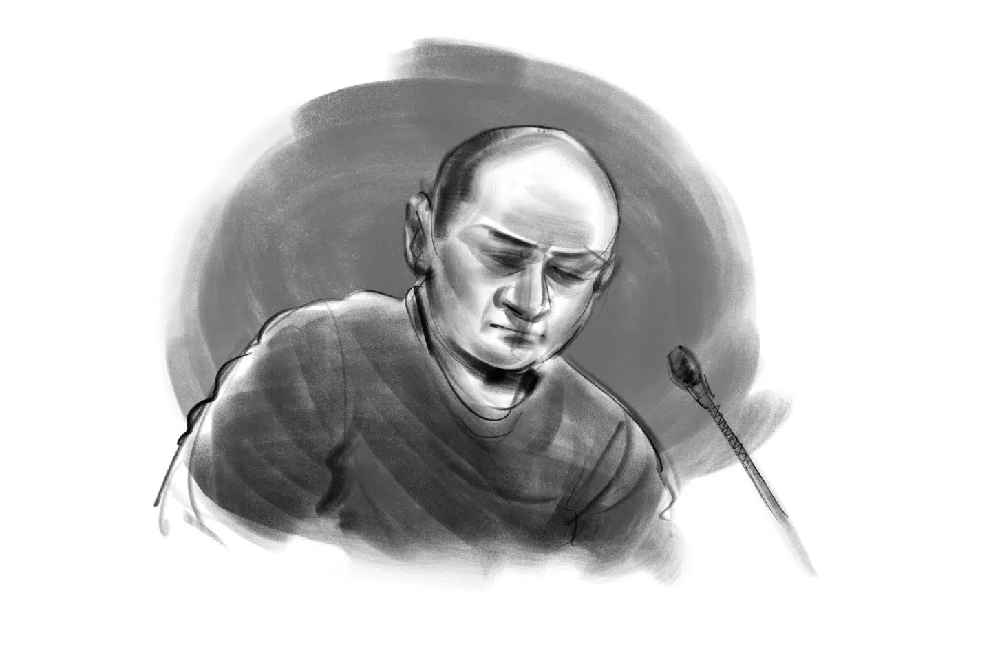 Retstegning af den tiltalte Sanjay Shah torsdag i Retten i Glostrup. Han ville ikke sige noget til dommeren eller besvare spørgsmål. (Foto: Retstegning Jesper Andkjær/Ritzau Scanpix)