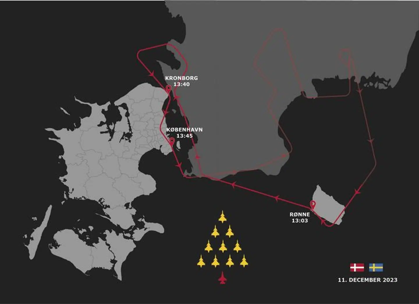 Formation vil flyve over Sydsverige og Bornholm, før den ankommer til København.