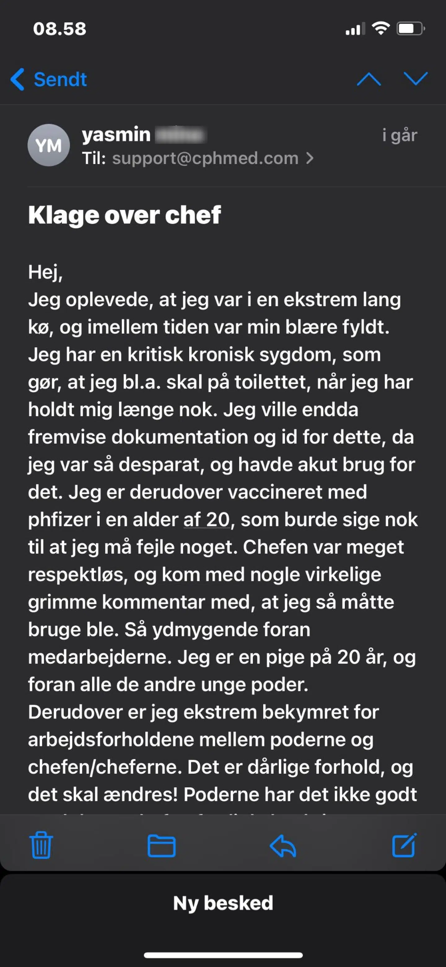 Yasmin sendte en klage over oplevelsen til Copenhagen Medicals søndag. Foto: Screendump