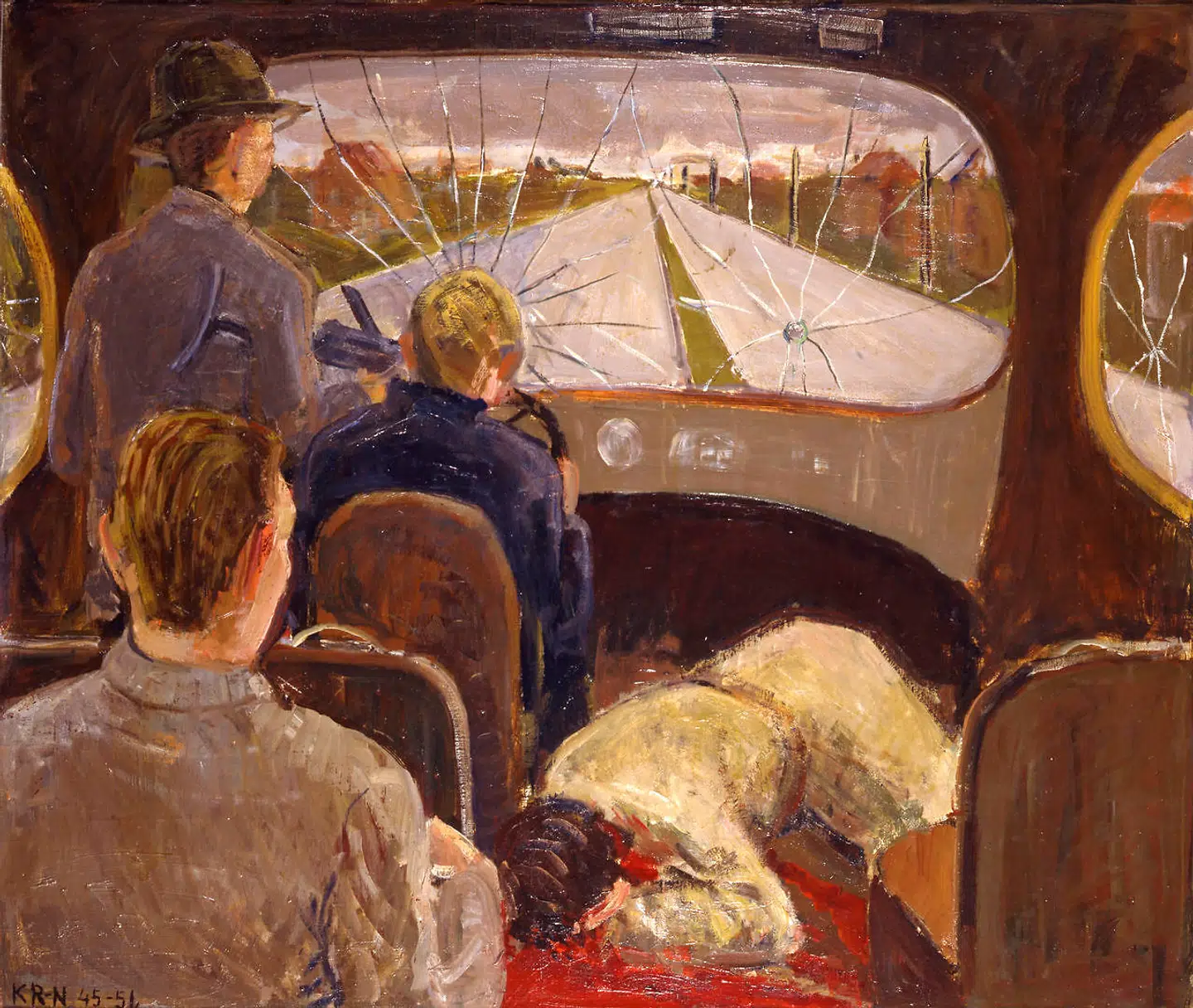 Maleren Knud Raaschou-Nielsen var medlem af BOPA og deltog i en sabotageaktion mod fabrikken Globus, der arbejdede for tyskerne. Frihedskæmperne brugte en bus til flugten, men blev beskudt, og chaufføren, lægen Erik Hagens, blev dræbt. Dette er Knud Raaschou-Nielsen gengivelse af situationen. Illustration fra bogen.