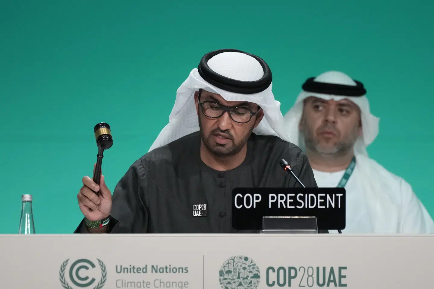 Her ses COP-formand Sultan al-Jaber tidligere under topmødet. Han håber at kunne banke hammeren i bordet og lukke mødet onsdag.