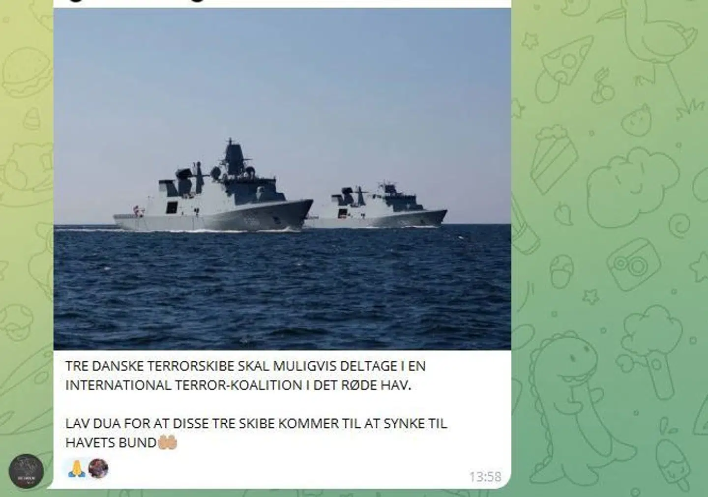 Da der i medierne var artikler om, hvordan danske krigsskibe muligvis skulle indgå i en international koalition i Det Røde Hav, blev nyheden også delt i en af grupperne med et foto af krigsskibe.