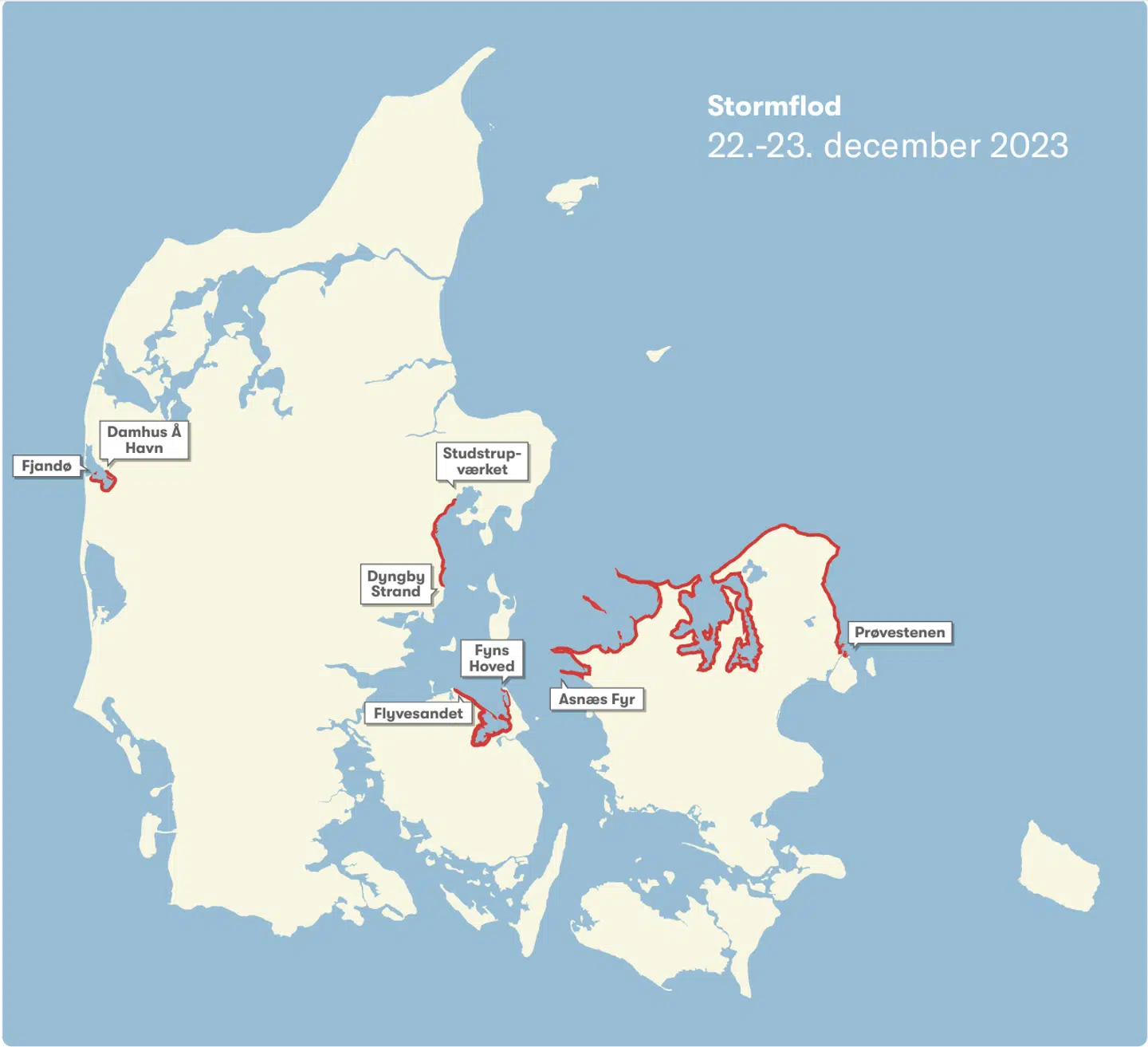 Områderne markeret med rødt oplevede ifølge Naturskaderådet stormflod i forbindelse med stormen Pia.