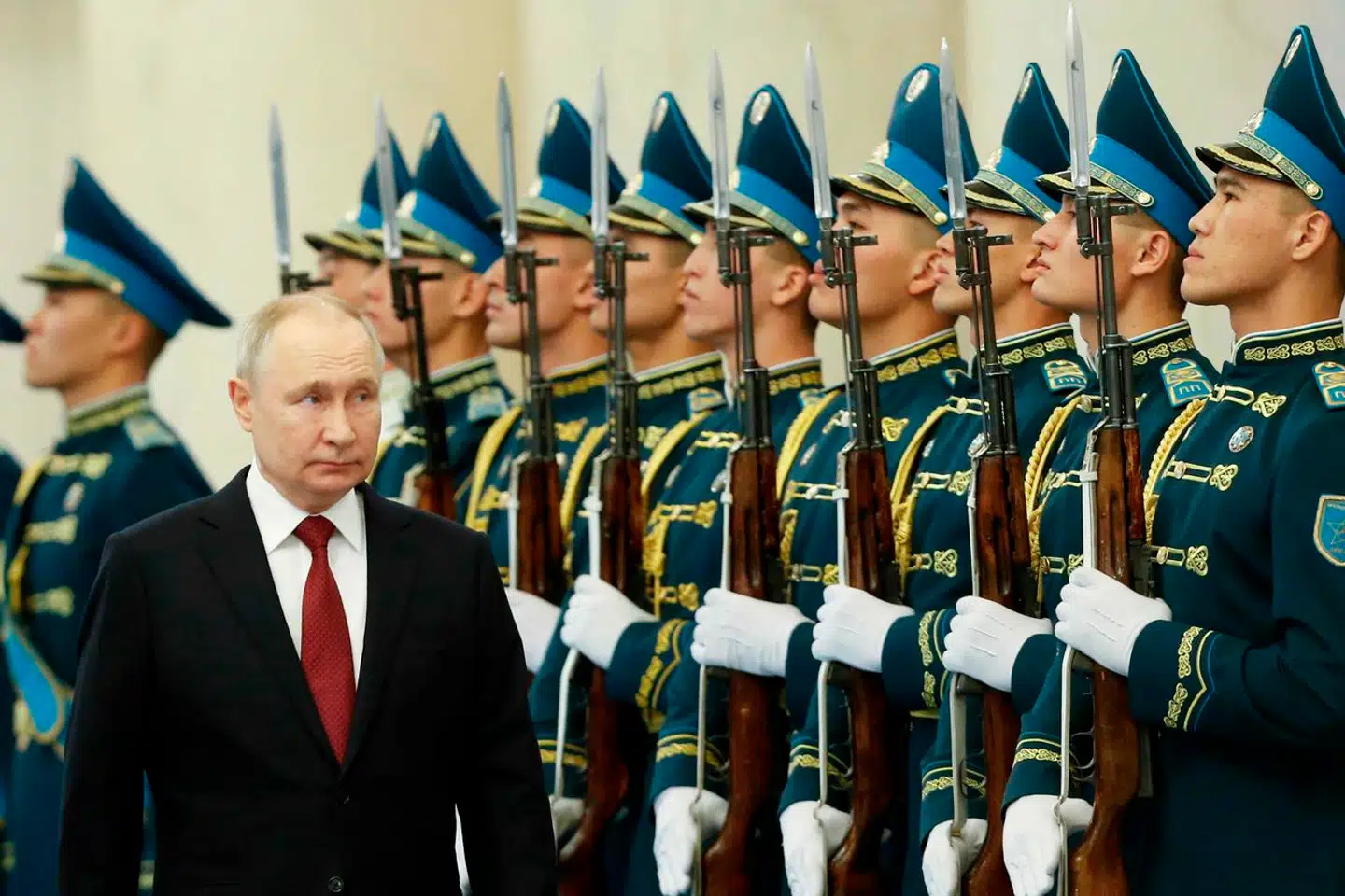 TOPSHOT – Russia's president Vladimir Putin inspects a guard of honour during a welcoming ceremony in Astana, on November 9, 2023, as part of Putin's official visit to Kasakhstan. (Photo by Stanislav FILIPPOV / AFP)