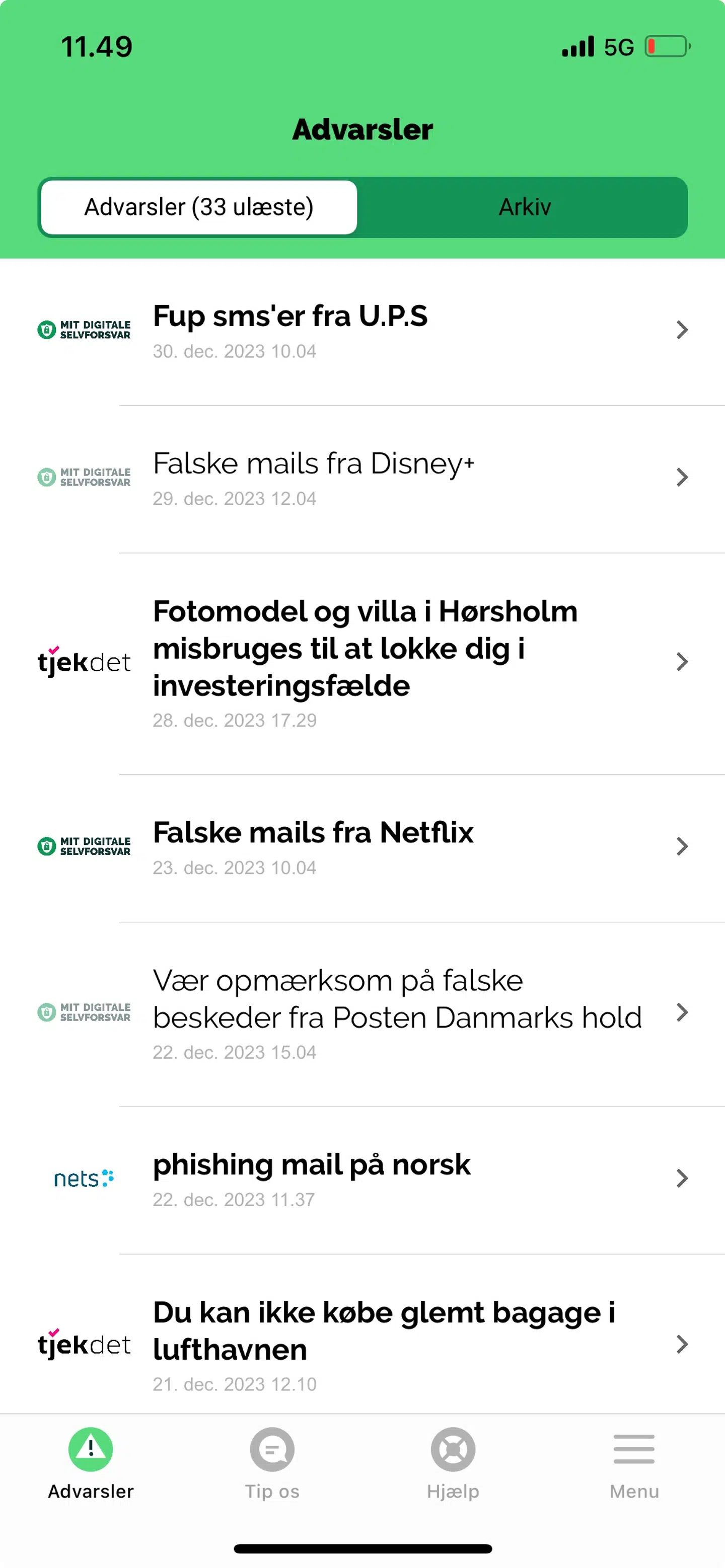 I appen 'Mit digitale selvforsvar' kan man orientere sig om aktuelle svindelnumre.