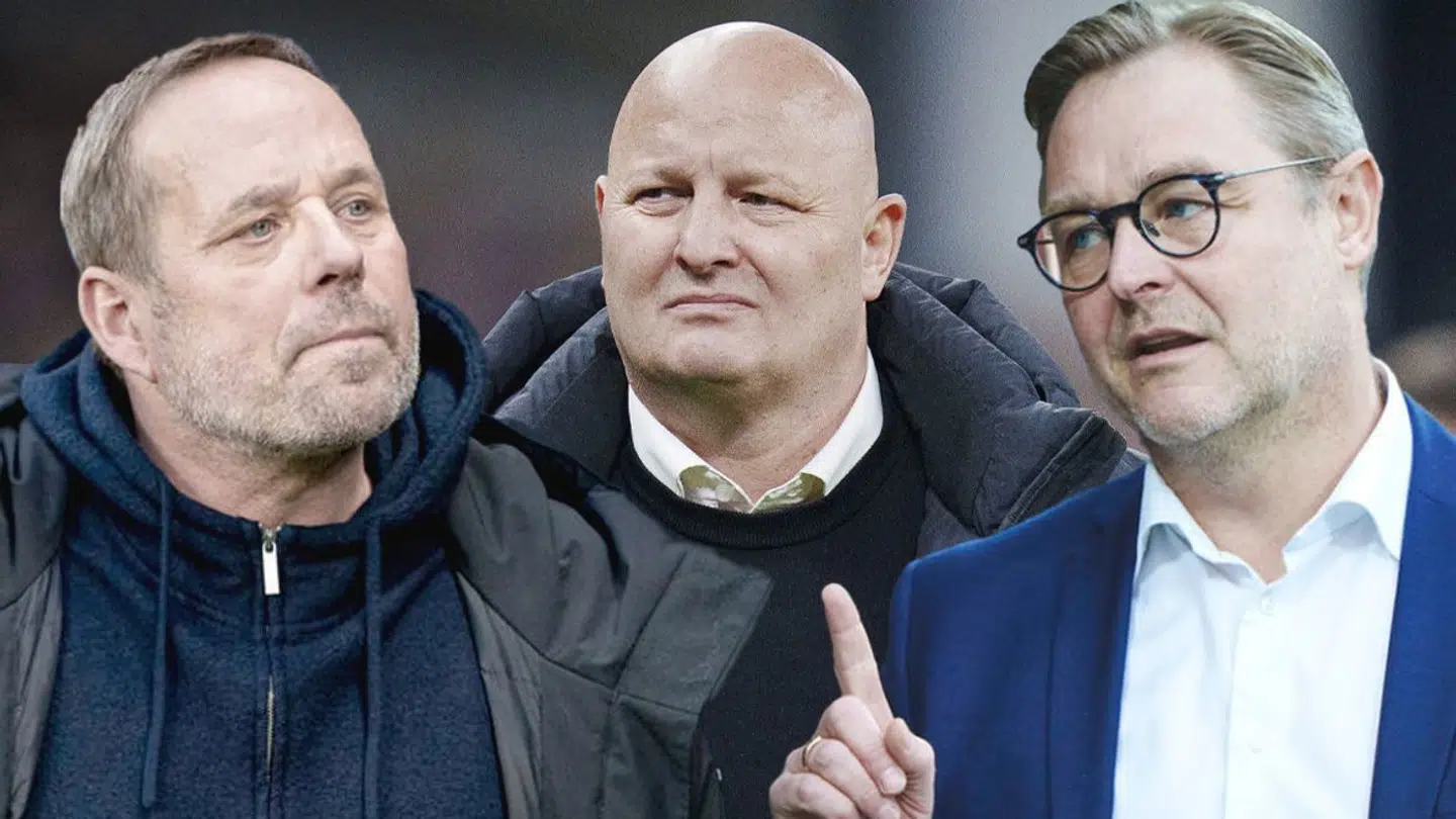 Fra venstre: Fodbolddirektør i Brøndby, Carsten V. Jensen, sportsdirektør i FCK, Peter Christiansen og CEO i FC Midtjylland, Claus Steinlein