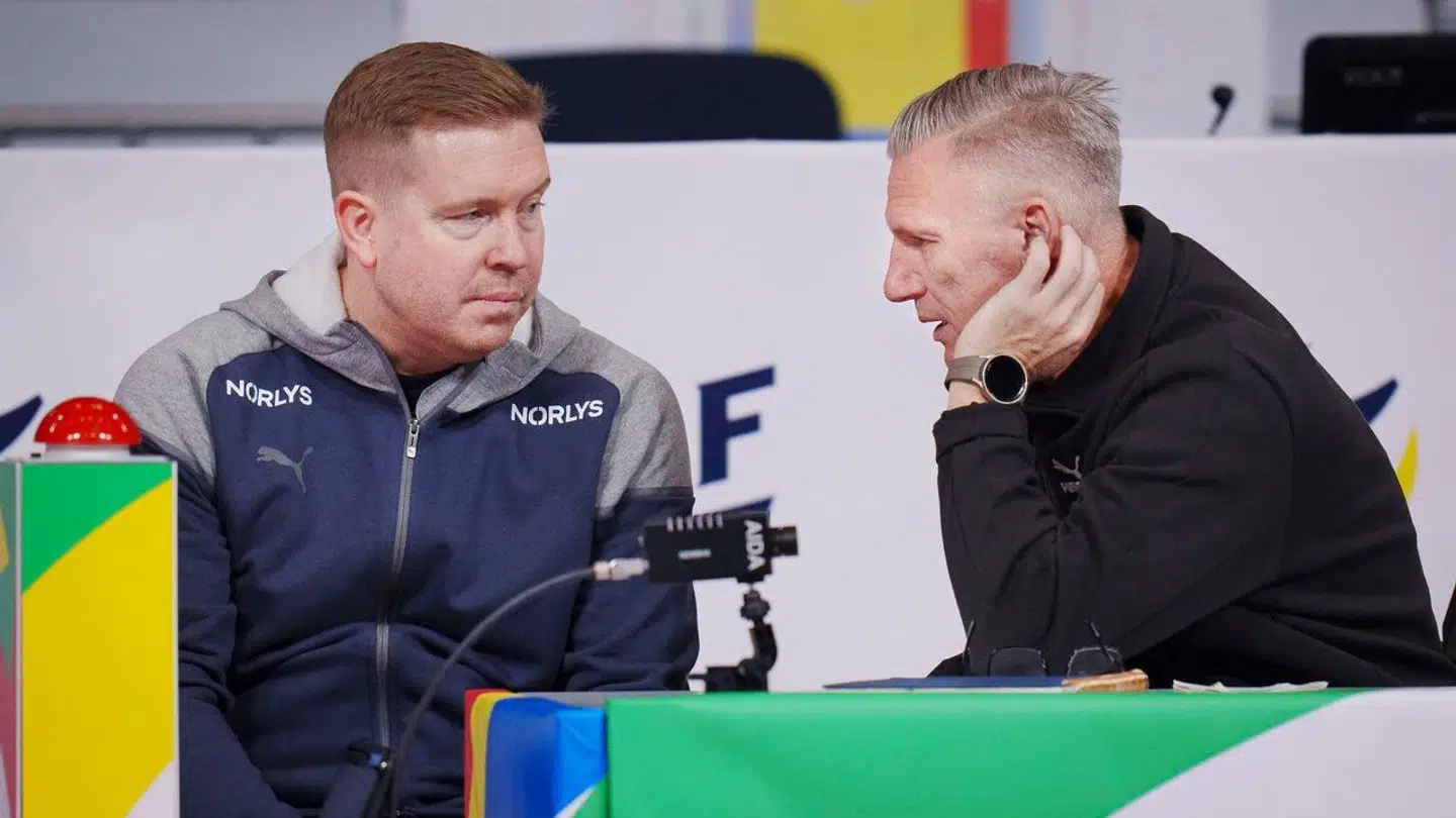 Landstræner Nikolaj Jacobsen og sportschef Morten Henriksen under herrehåndboldlandsholdets pressemøde og træning i Olympiahalle i München, onsdag den 10. januar 2024