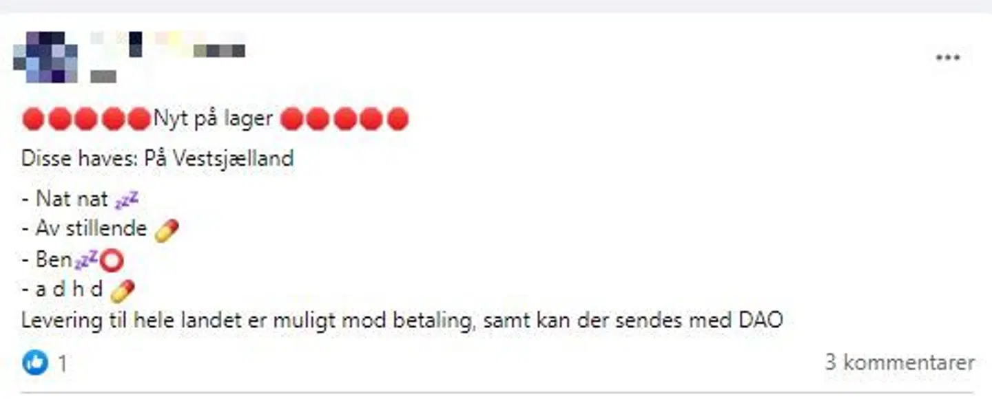 Der bliver reklameret for salg af stoffer og medicin med emojis eller forkortelser.