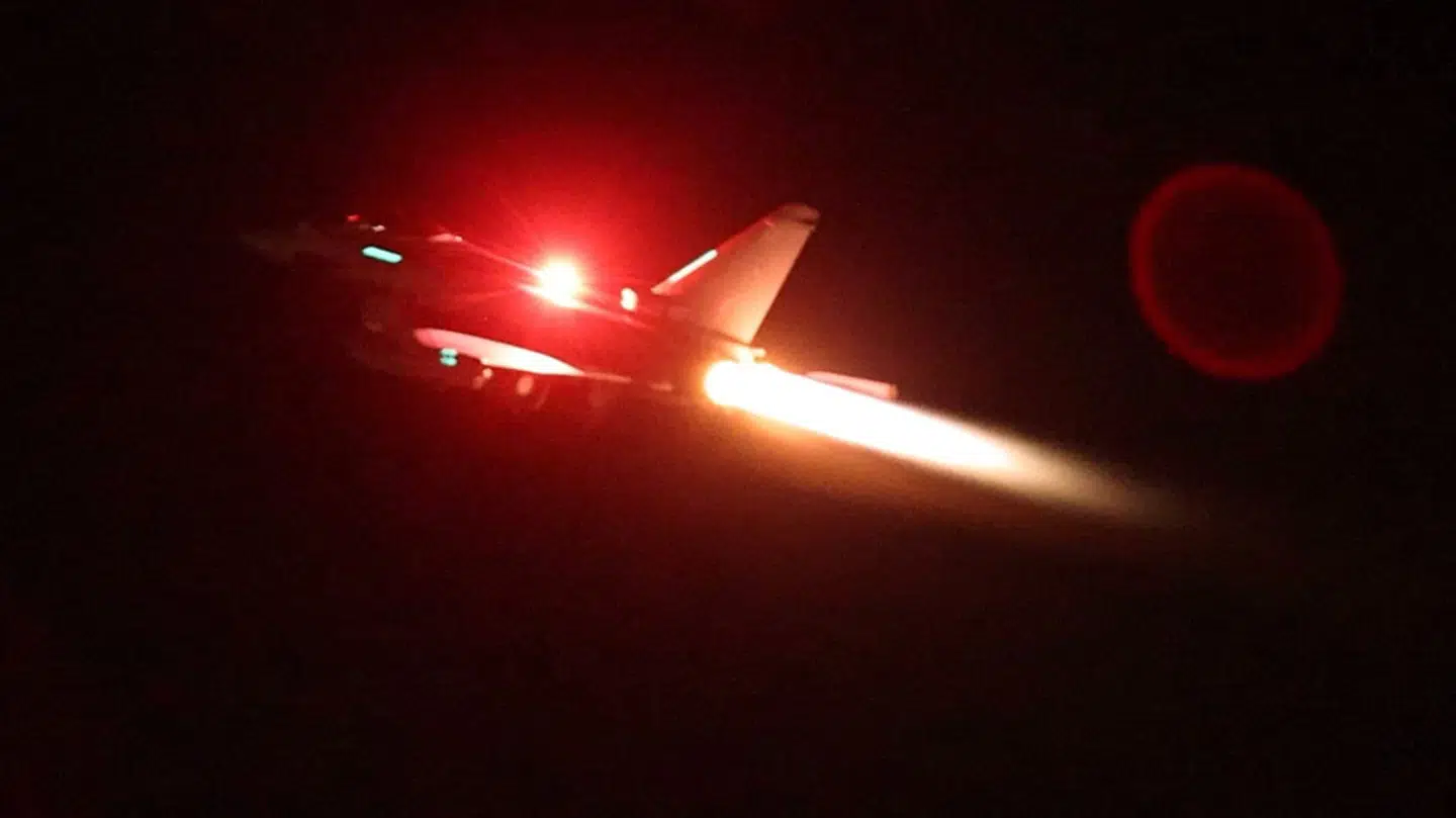An RAF Typhoon aircraft takes off to join the U.S.-led coalition from RAF Akrotiri to conduct air strikes against military targets in Yemen, aimed at the Iran-backed Houthi militia that has been targeting international shipping in the Red Sea, in Cyprus, in this handout picture released on January 12, 2024. UK MOD/Handout via REUTERS THIS IMAGE HAS BEEN SUPPLIED BY A THIRD PARTY NO RESALES.NO ARCHIVES