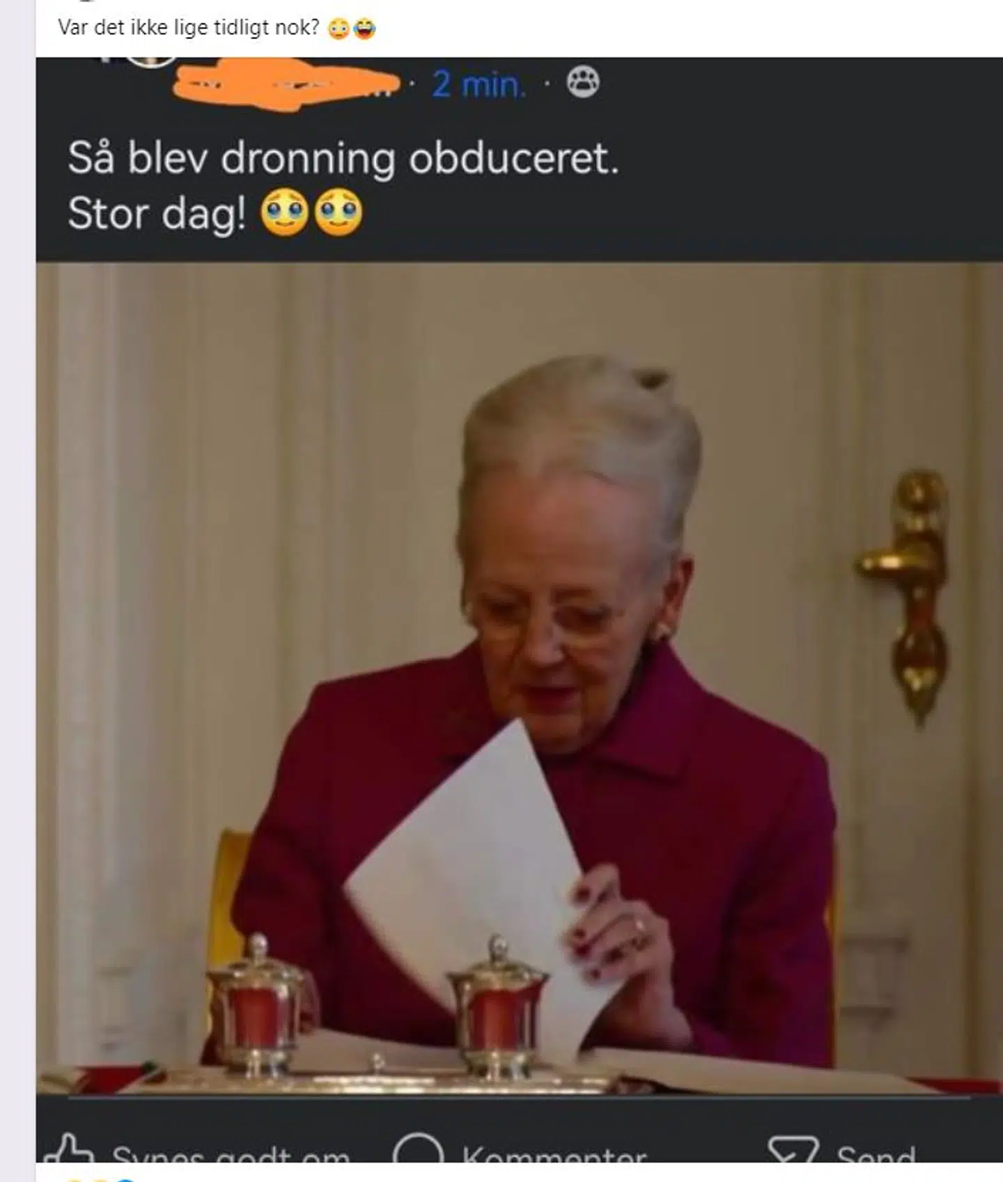 Her ses billede af dronning Margrethe med en noget opsigtsvækkende tekst.