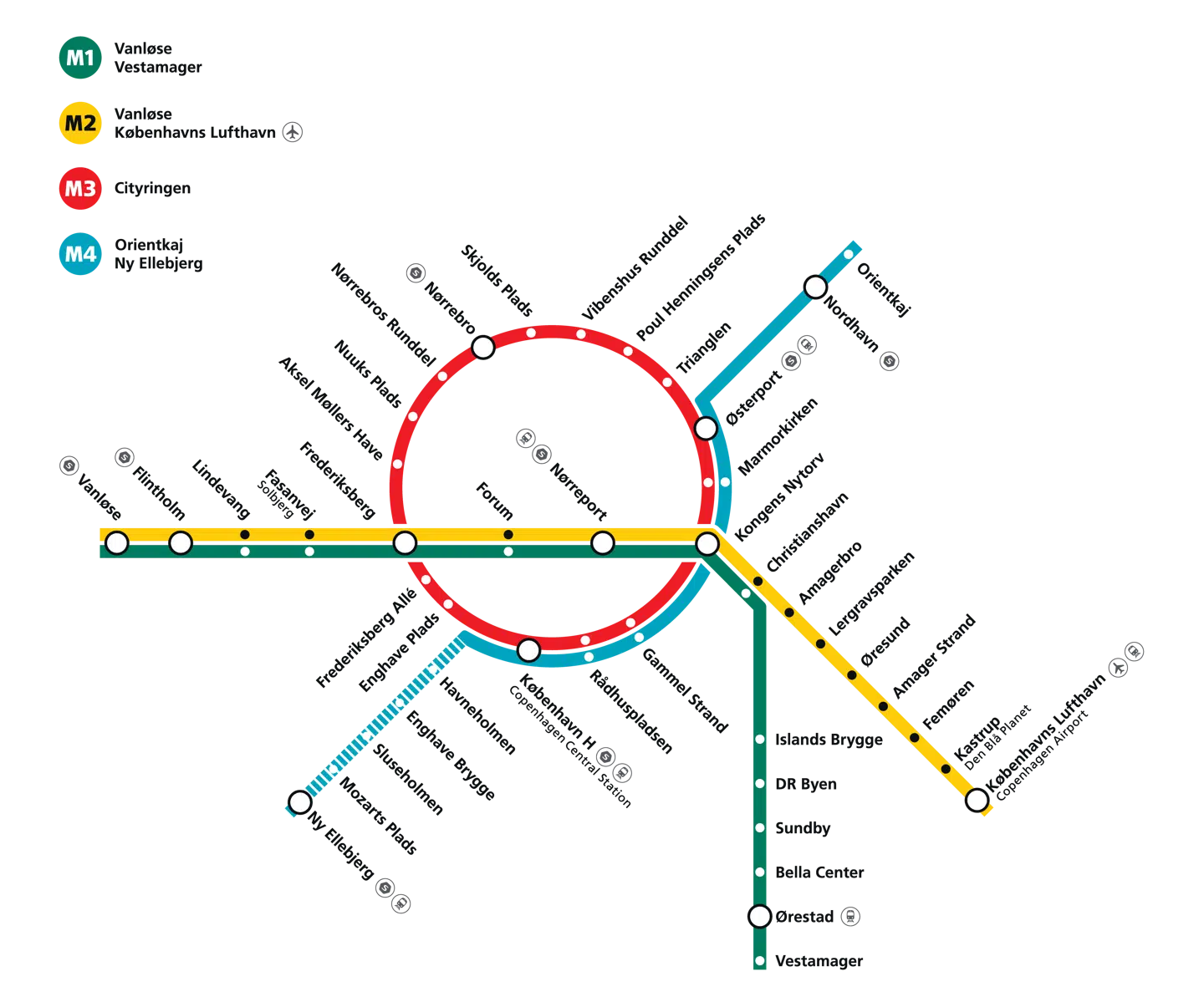 Det er M3 Cityringen og M4 - den røde og blå linje - som lukkes.