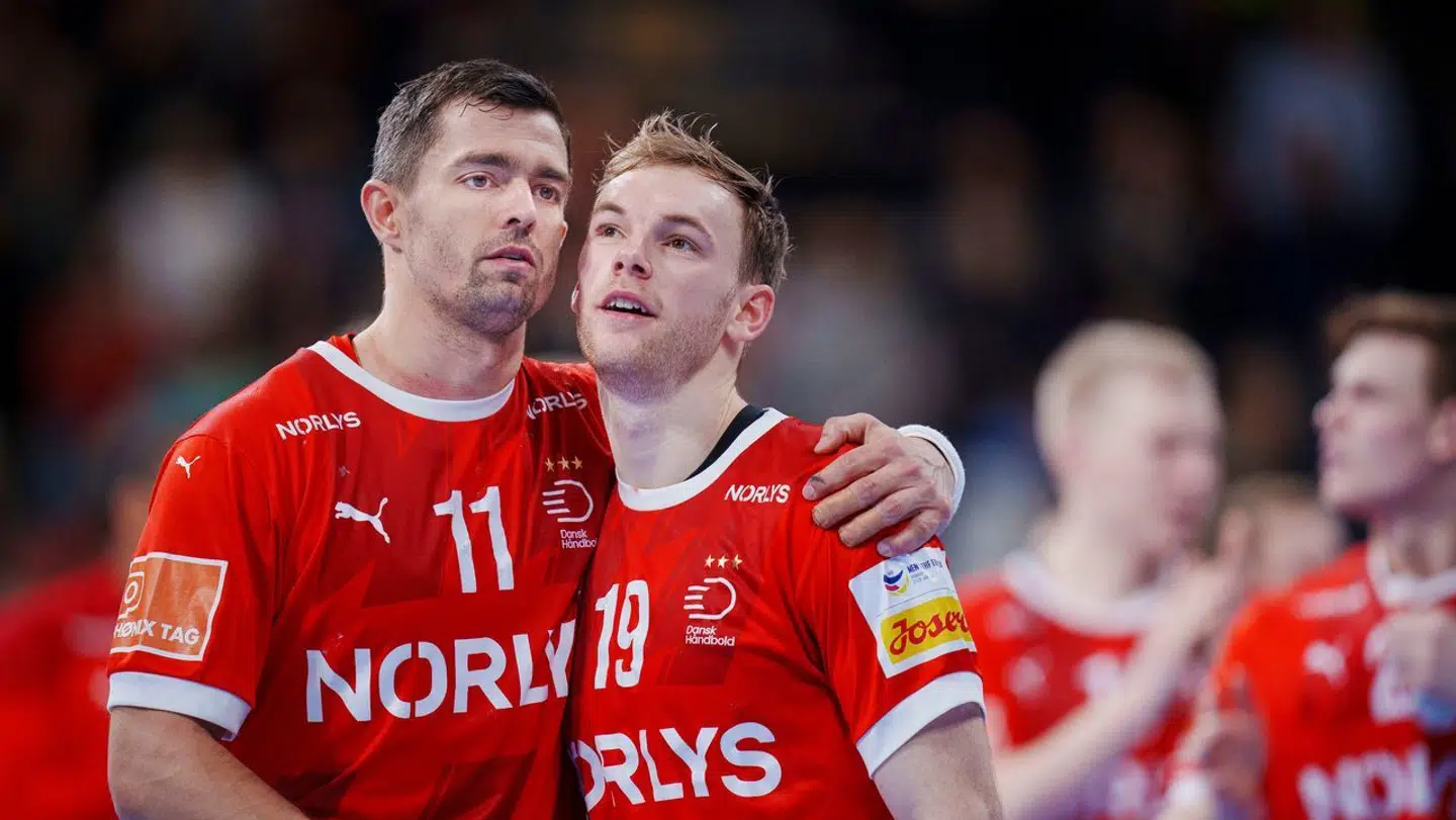 Danmarks Rasmus Lauge og Mathias Gidsel efter EM kampen mellem Danmark – Portugal i Olympiahalle i München, mandag den 15 januar 2024