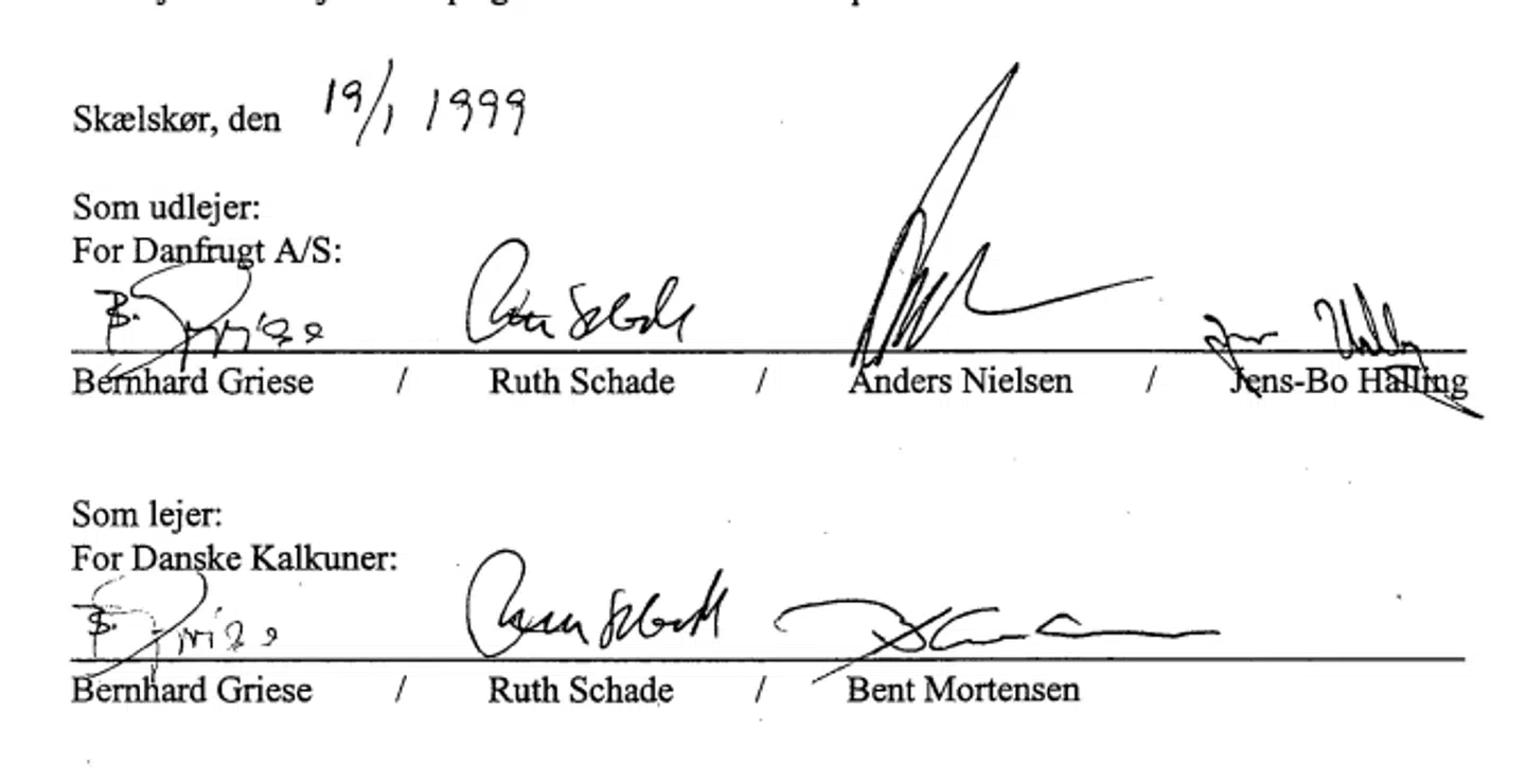 Her er et af utallige eksempler, hvor Bernd Griese underskriver for både sit private selskab og for Harboes Bryggeri (her ved datterselskabet Danske Kalkuner).