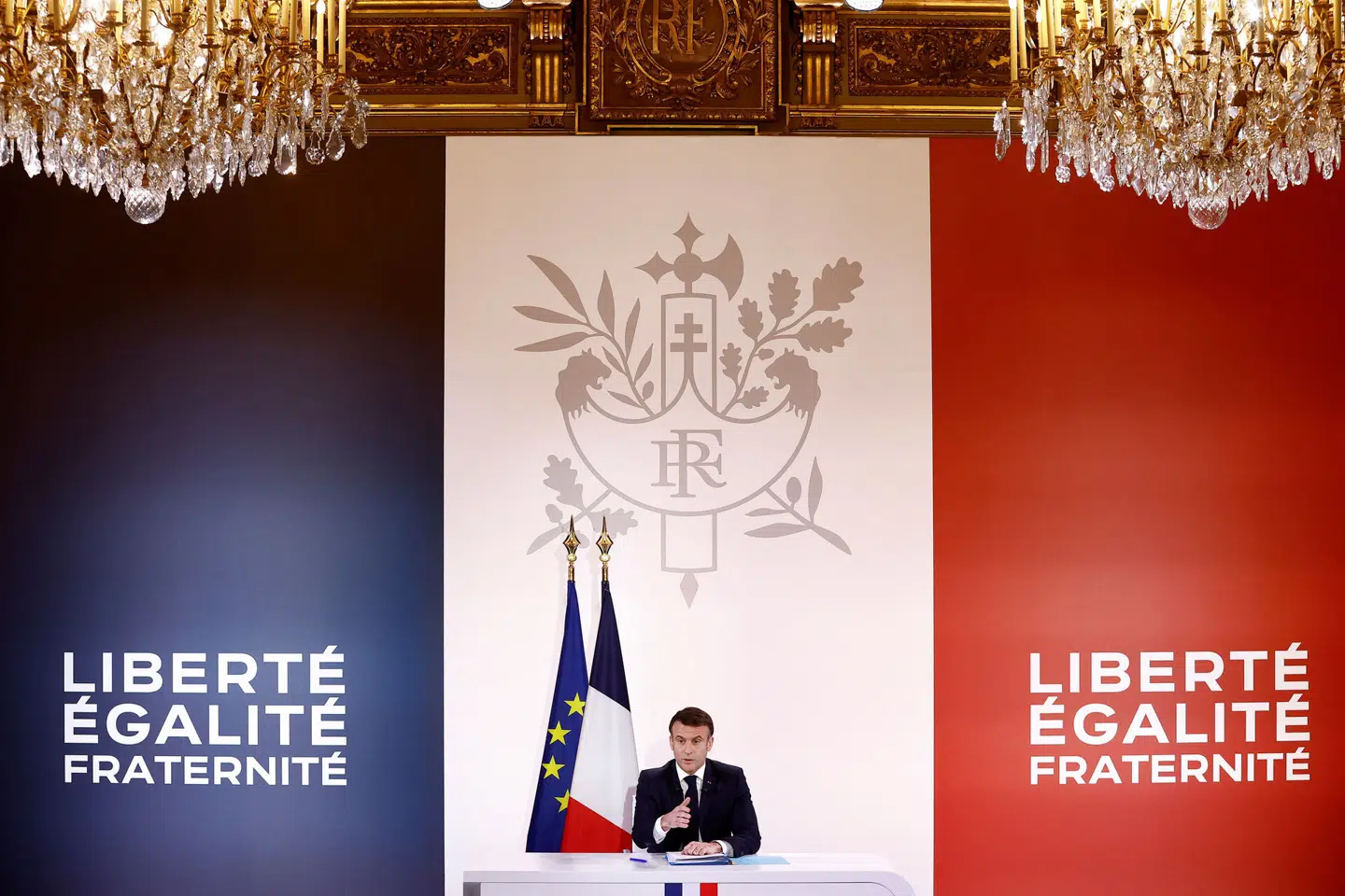 Emmanuel Macron under pressemødet i Élyséepalæet den 16. januar. Foto: Christian Hartmann, Scanpix
